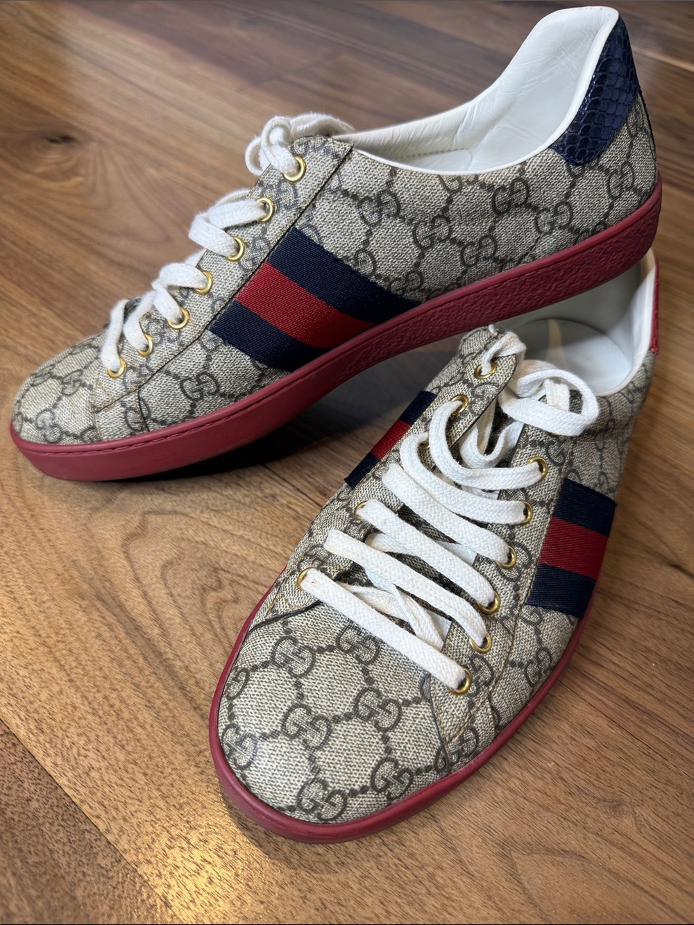 Gucci Beige GG Canvas Sneakers with Red and Navy Stripe